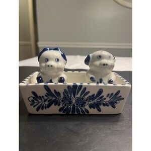 3pc Delft Blue & White Piggy Pig in Trough Salt & Pepper Shakers